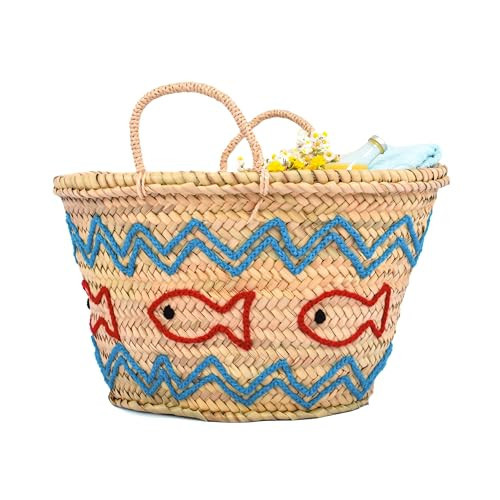 KING OF HANDMADE Handwoven Straw Beach Bag with Fish Motif - Ocean Tote for Women, Summer Vacation Picnic Basket (Large) | Amazon (US)