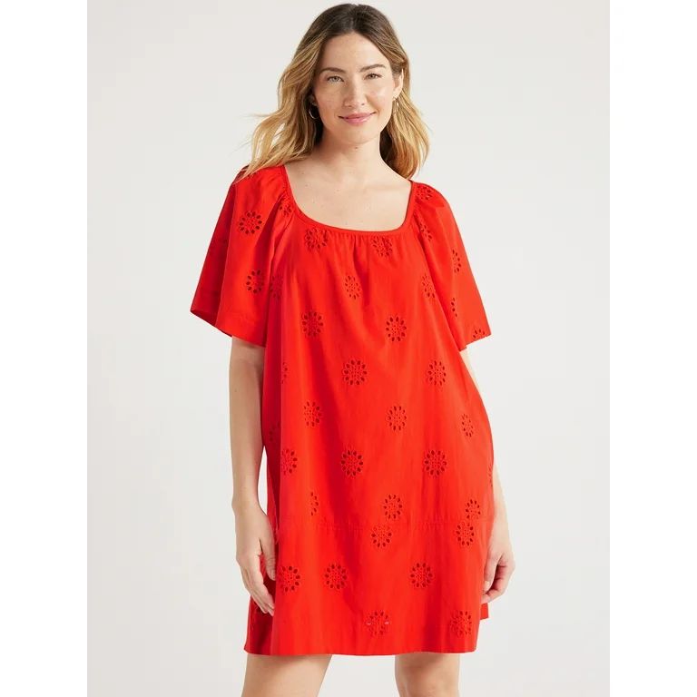 Free Assembly Women's Square Neck Eyelet Mini Dress with Short Sleeves, Sizes XS-XXL | Walmart (US)