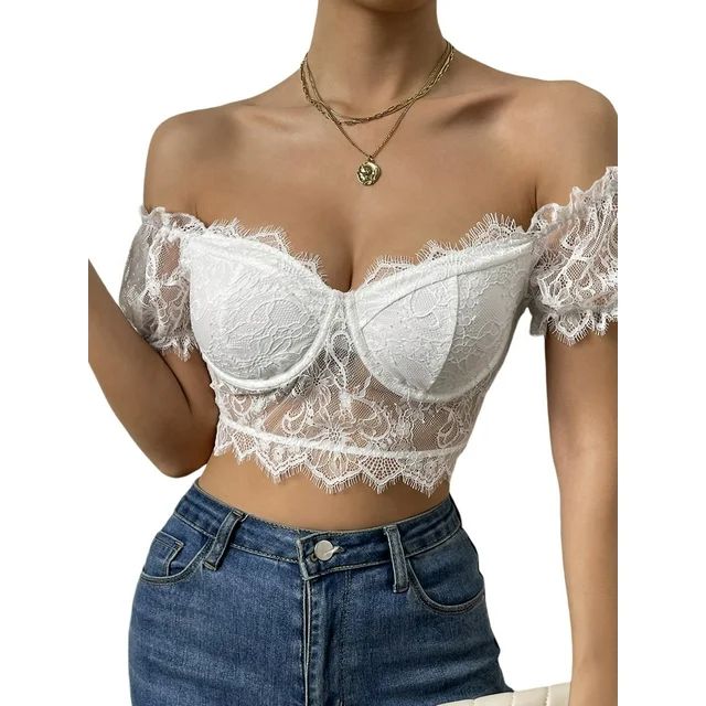 Women Floral Lace Off-shoulder Tops Summer See-through Basic Short Sleeve Crop T-shirts for Party... | Walmart (US)