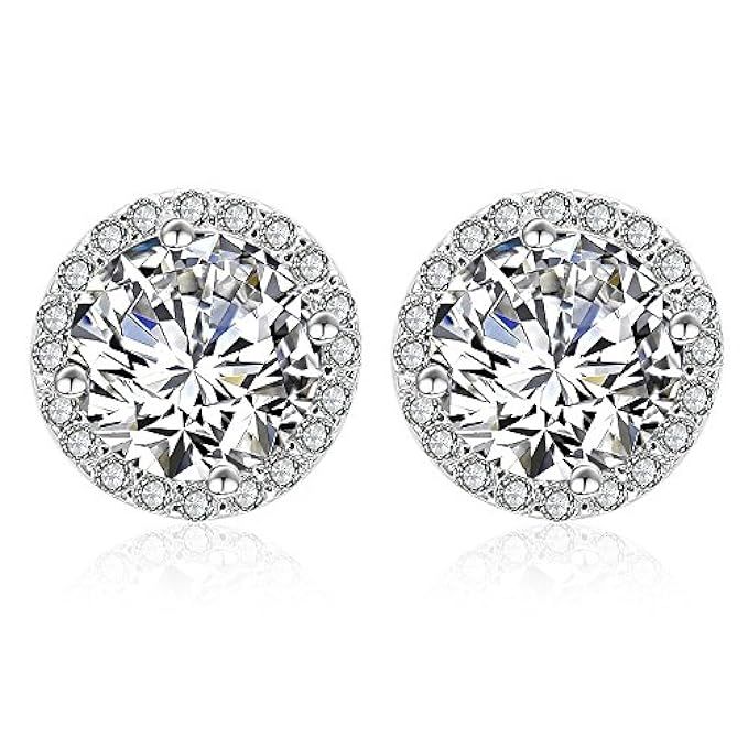 Silver Cubic Zirconia Stud Earrings - Women's Round Clear Crystal Diamond Studs Halo Stud Earrings S | Amazon (US)