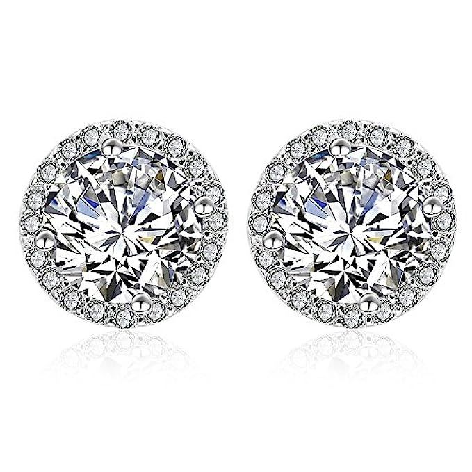 Silver Cubic Zirconia Stud Earrings - Women's Round Clear Crystal Diamond Studs Halo Stud Earrings S | Amazon (US)