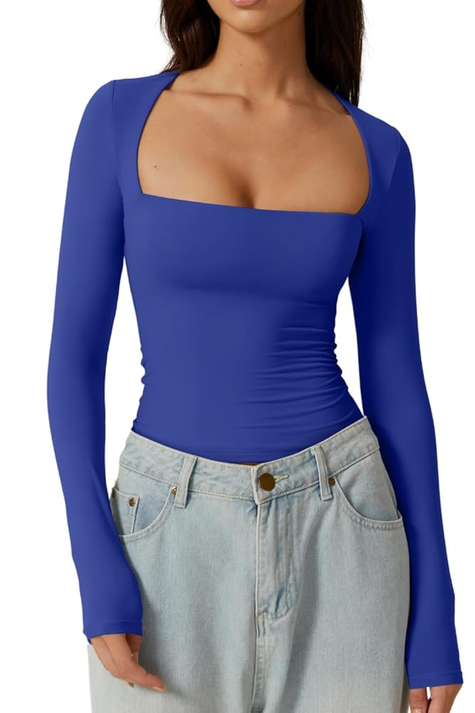 QINSEN Camisa sexy de cuello cuadrado para mujer, de manga larga, con doble forro, ajustada, para... | Amazon (US)