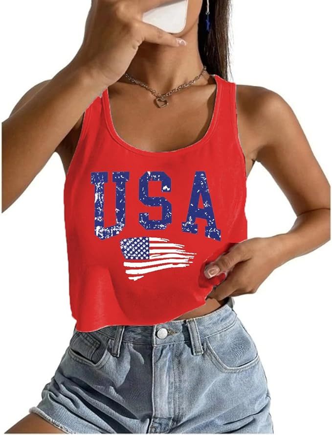 Women's Sexy American Flag Crop Tank 4th of July Patriotic Sleeveless Tee Tops | Amazon (US)