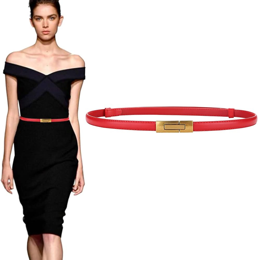 ALAIX Women's Leather Skinny Belt for Dress Adjustable Thin Waist Belt Dress Belt with Vintage Go... | Amazon (US)