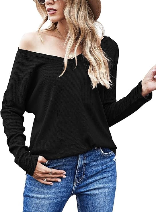 Aifer Women's Casual V-Neck Off Shoulder Batwing Sleeve Pullover Sweater Tops | Amazon (US)