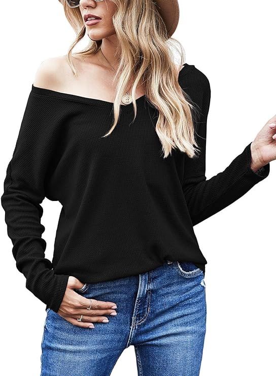 Aifer Women's Casual V-Neck Off Shoulder Batwing Sleeve Pullover Sweater Tops | Amazon (US)