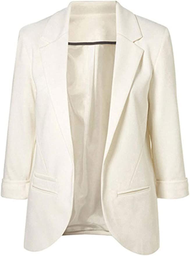 Lrady Womens Casual Blazer Open Front 3/4 Sleeve Notched Lapel Pocket Work Office Jacket Suit | Amazon (US)