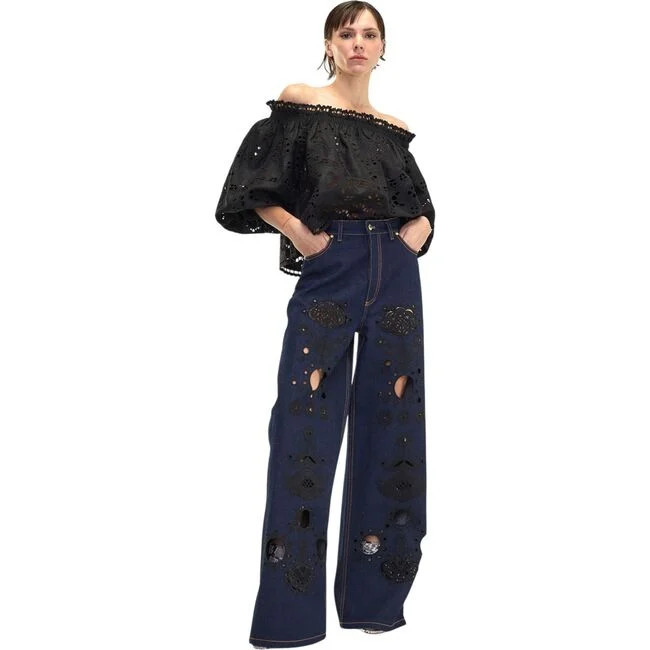 Cynthia Rowley | Embroidered Wide-leg Jean, Navy | Linen (Blue Black, Size 29) | Maisonette | Maisonette