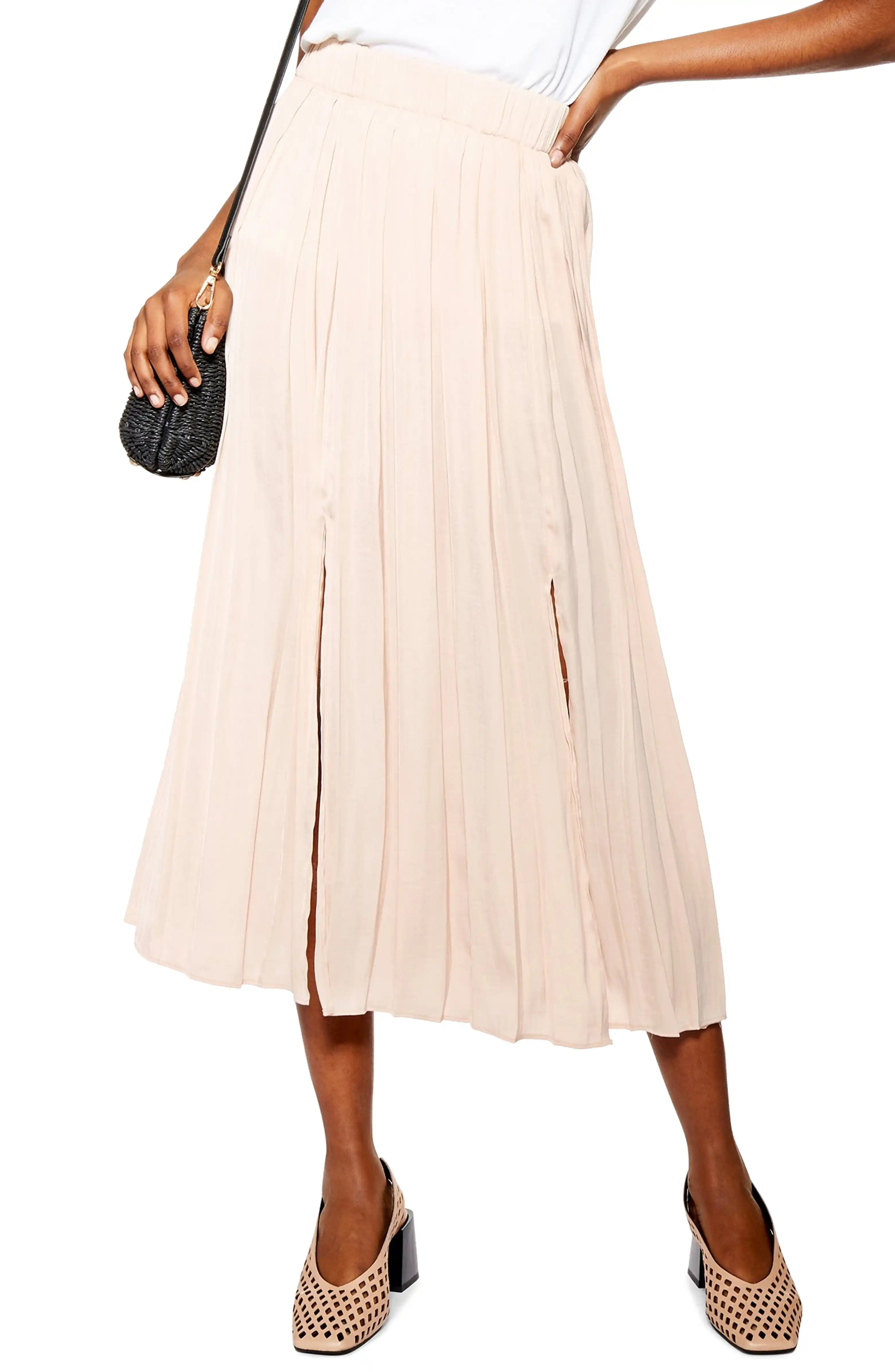 Double Slit Pleated Satin Midi Skirt | Nordstrom