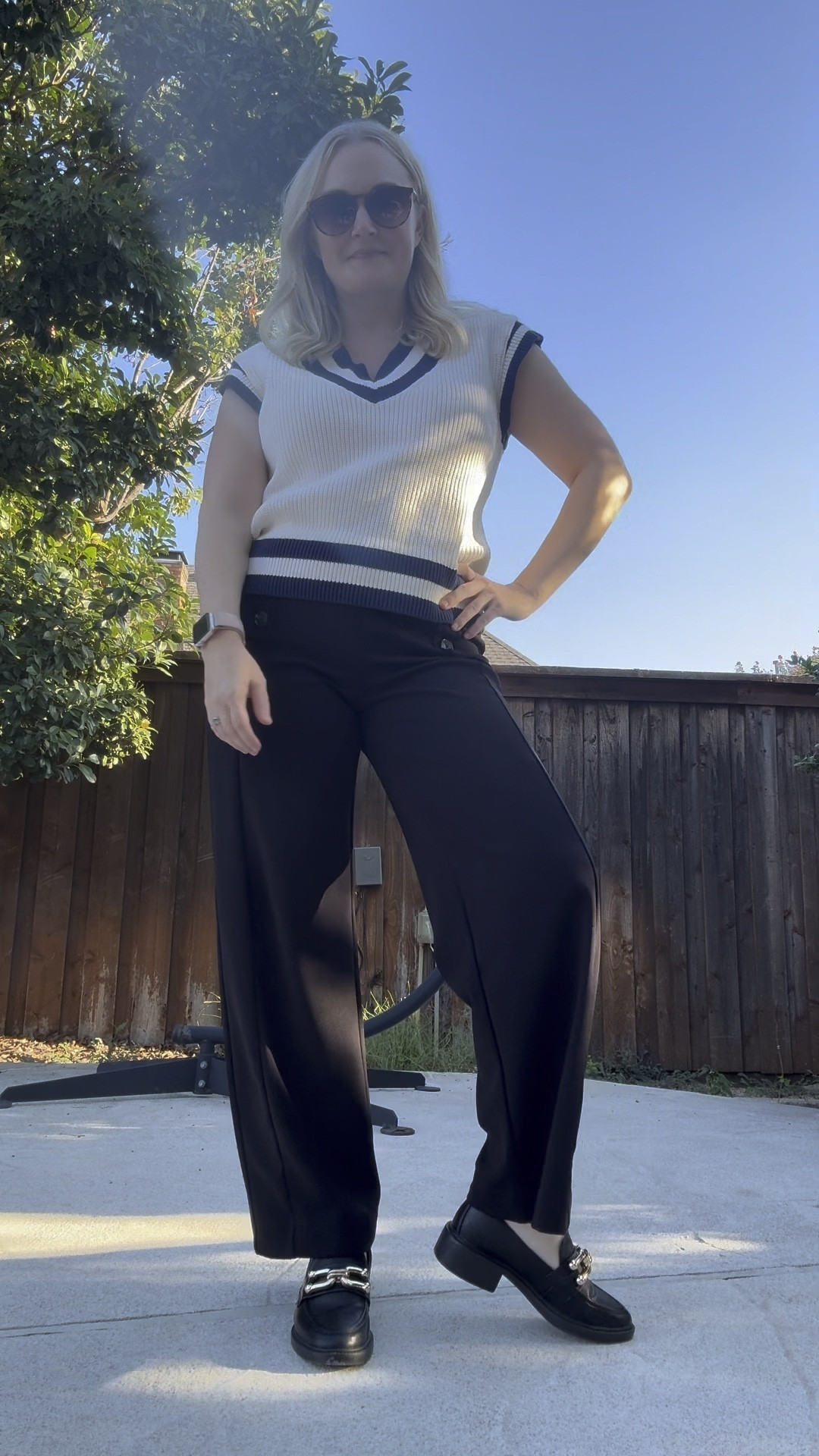 Sweater vest: sized down to XS (runs big!)

Pants: wearing XS petite in pants (again, runs big!)

Shoes are shoe dazzle from just fab  

#LTKWorkwear #LTKSaleAlert