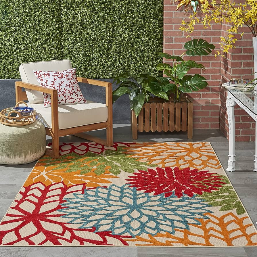Nourison Aloha Indoor/Outdoor Green 5'3" x 7'5" Area Rug, Tropical, Botanical, Easy Cleaning, Non... | Amazon (US)