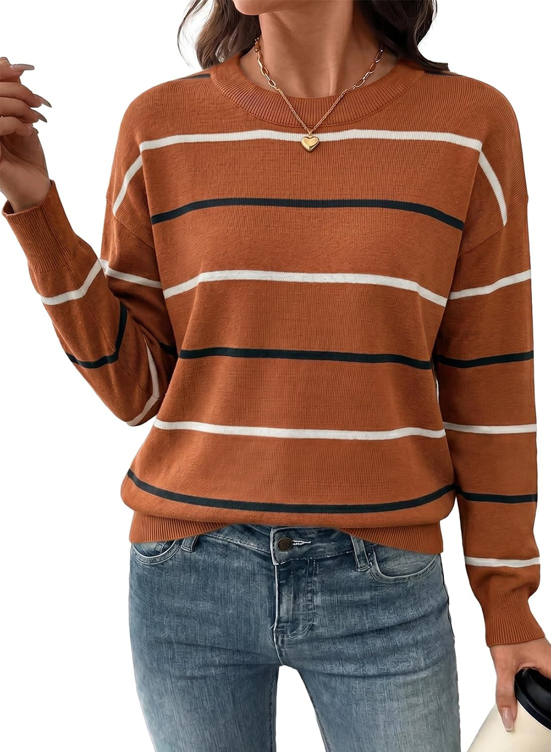 SHEWIN Womens Sweaters Casual Crew Neck Striped Sweater Lightweight Knit Fall Tops for Women 2026 | Amazon (US)