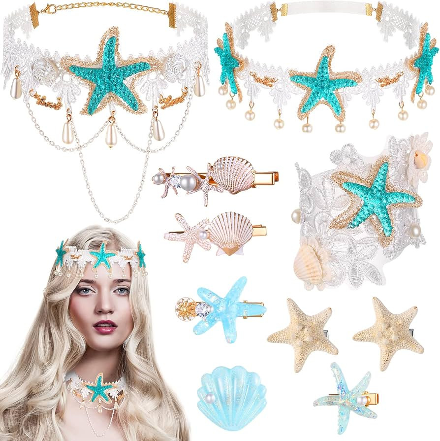 10 Pieces Mermaid Costume Accessories Starfish Hairband Starfish Shell Necklace Starfish Hair Cli... | Amazon (US)