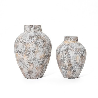 LuxenHome 2-Piece Marbled White Round Stoneware Vase Set Brown | Target