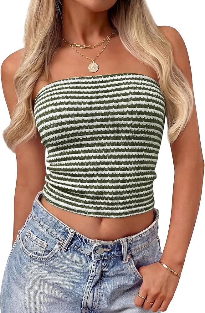 ZESICA Women's Spring Striped Strapless Crop Tube Tops 2026 Summer Knit Bandeau Going Out Shirts ... | Amazon (US)