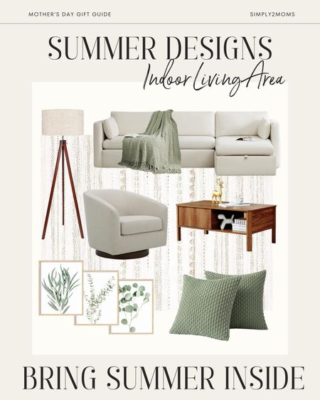Easily re-create this easy breezy summer look in your home. A neutral striped rug anchors the living room. Next, add a large, comfy sectional and stylish matching swivel chair. A beautiful mid-century modern coffee table and a coordinating wooden tripod lamp help create an inviting conversation area. Accessorize the room with a lightweight throw blanket, matching affordable, throw pillows, and beautiful botanical artwork.

#LTKSeasonal #LTKStyleTip #LTKHome