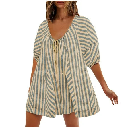 2025 Casual Loose Crewneck Short Jumpsuit New Womens Oversized Striped Romper Puff Sleeve Mini Shorts Romper Dress Beach Vacation Outfits with Pockets Khaki M | Walmart (US)