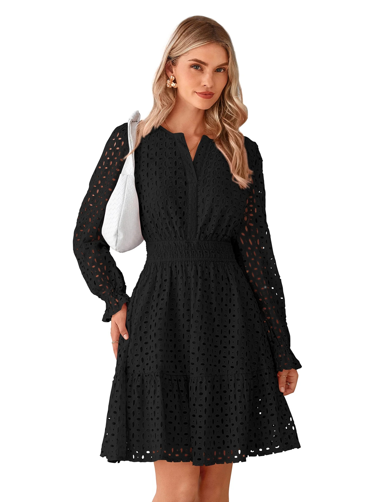 PRETTYGARDEN Women's Long Sleeve Eyelet Mini Dress, Sizes S-XXL | Walmart (US)