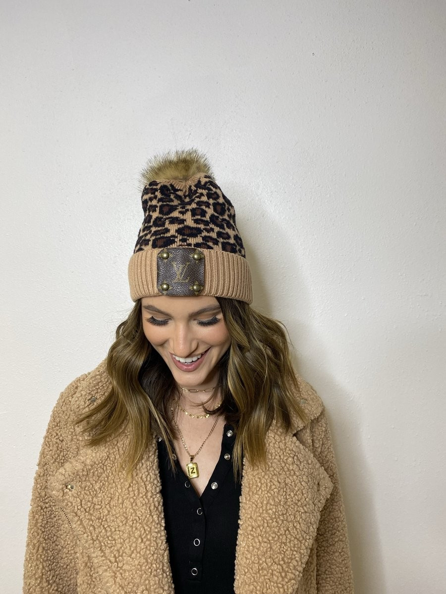 Leopard Beanie with Tan Trim and LV logo | Vintage Boho