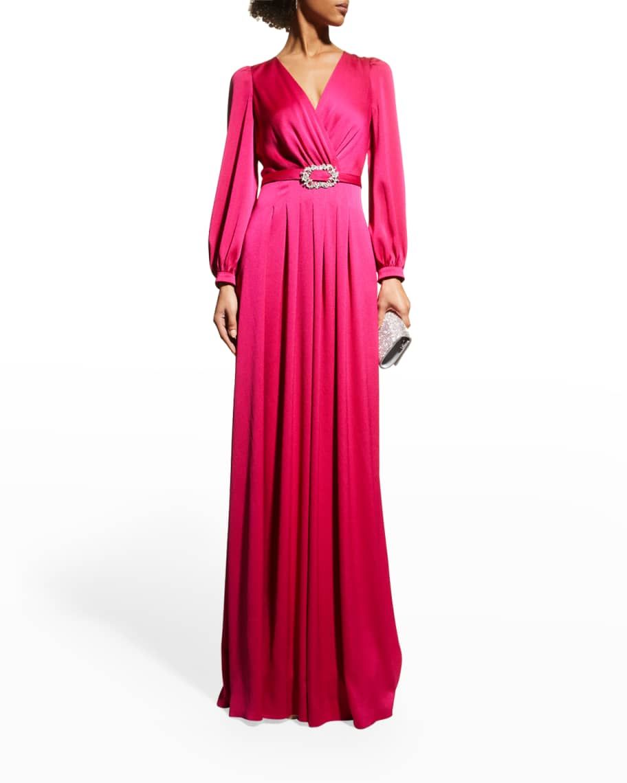 Rickie Freeman for Teri Jon Pleated Long-Sleeve Satin Gown | Neiman Marcus