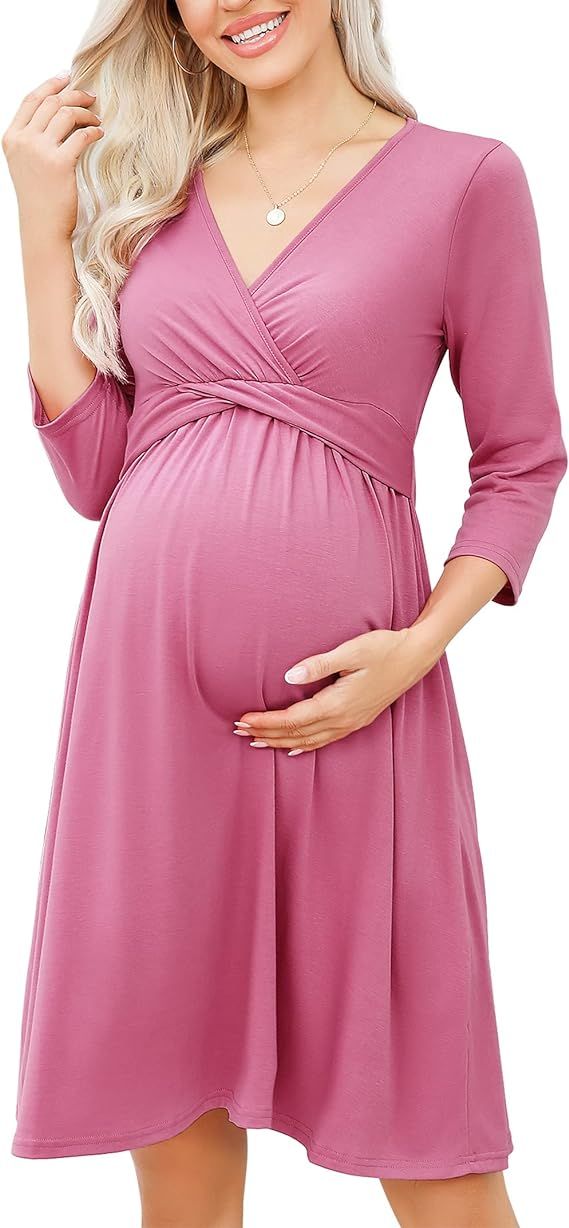 Coolmee Women's Casual Ruffle Maternity Dress V Neck Nursing 3/4 Sleeve A Line Party Midi Dress | Amazon (US)