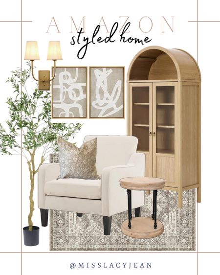Styled home includes side table, area rug, arched bookshelf, accent chair, throw pillow, faux tree, wall art, and sconce.

Neutral home, neutral home decor, styled home, Amazon finds, looks for less

#LTKHome #LTKFindsUnder100 #LTKStyleTip