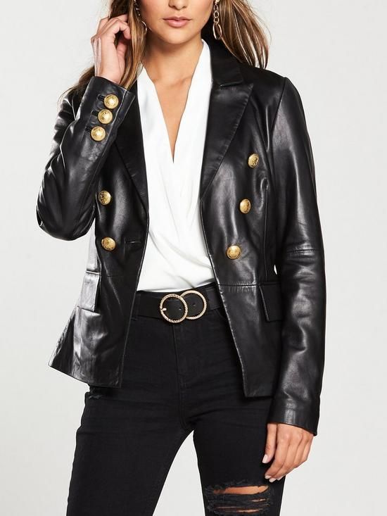 Gold Button Detail Leather Blazer - Black | Very (UK)