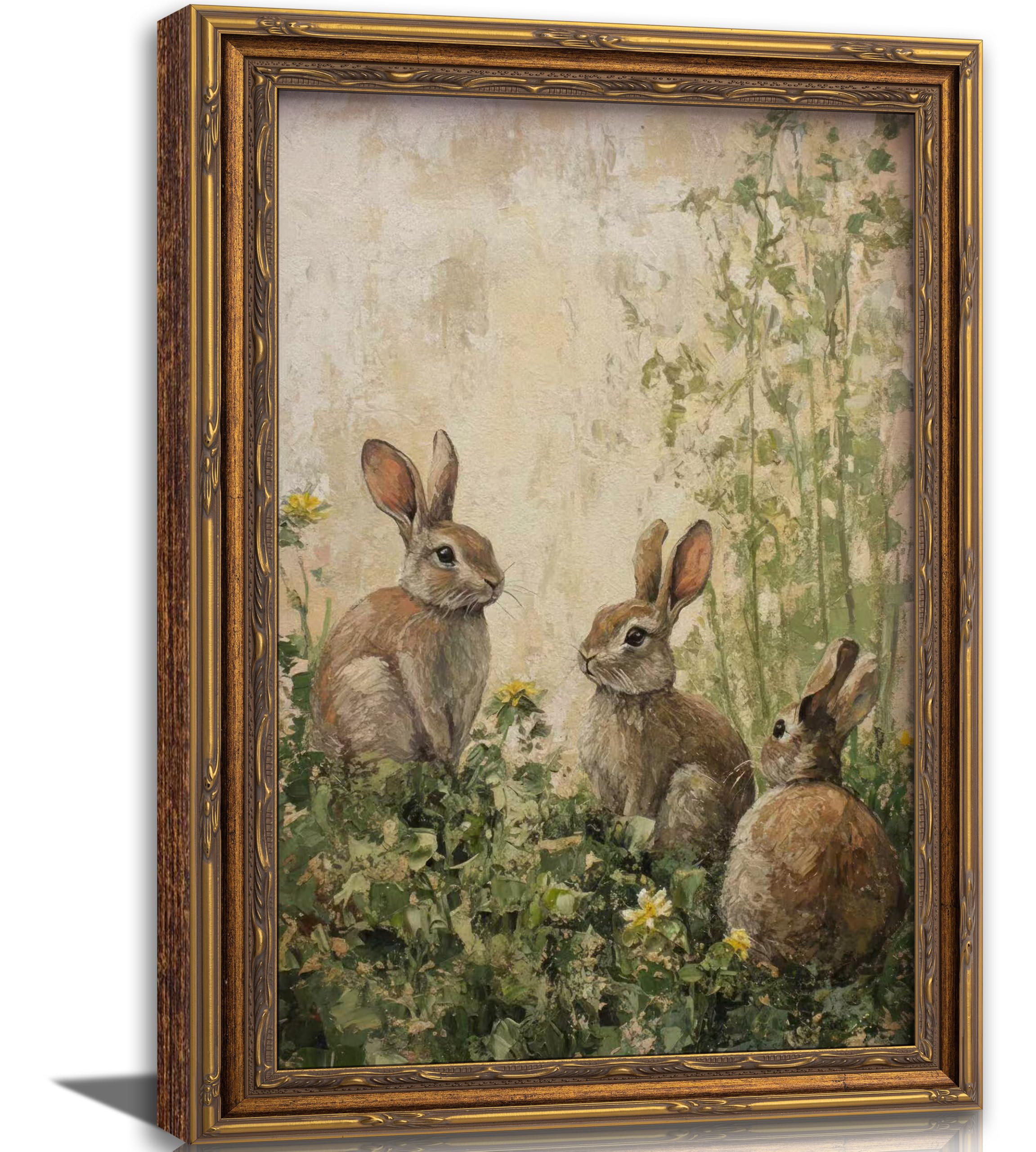 Vintage Gold Framed Canvas Wall Art Easter Rabbit Painting Picture Wall Decor Rustic Farmhouse Bu... | Amazon (US)