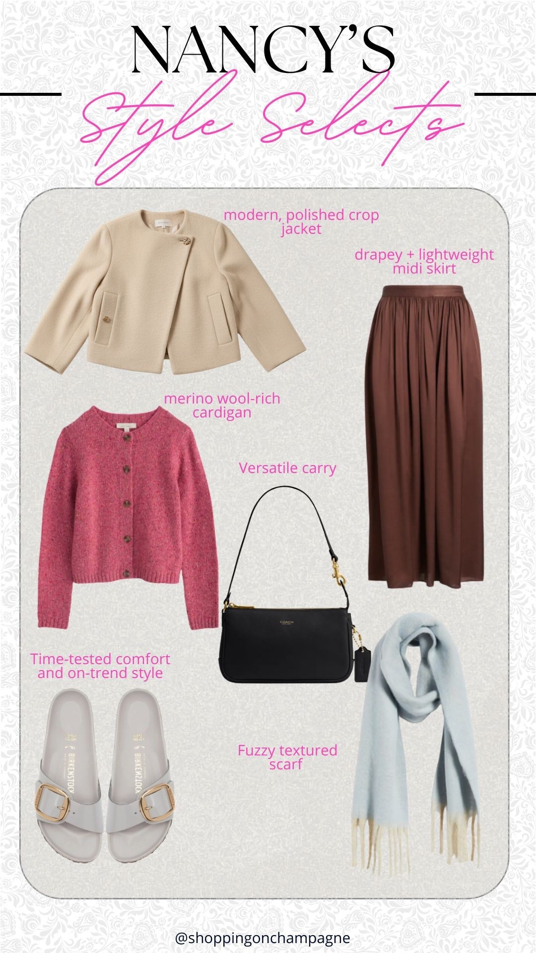 My latest style edit is all about blending polish with comfort. I’m reaching for soft neutrals and cozy layers that feel fresh yet timeless with a modern cropped jacket a wool rich cardigan for warmth and a drapey midi skirt for effortless movement. Finished with a classic black bag fuzzy scarf and my favorite slides it’s the perfect mix of chic and easy [fall outfit ideas neutral style cozy chic outfits capsule wardrobe polished fall looks timeless fashion minimal style inspo classic staples elevated casual style]

#LTKOver40 #LTKSaleAlert #LTKFindsUnder100