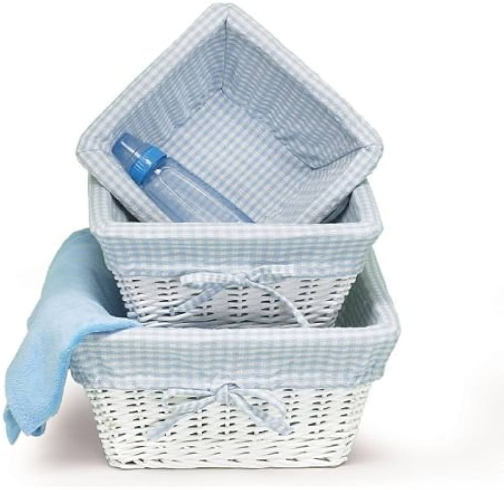Set of 3 Baby Boy Nursery Storage Baskets White Willow with Blue Cotton Gingham Fabric | Amazon (US)