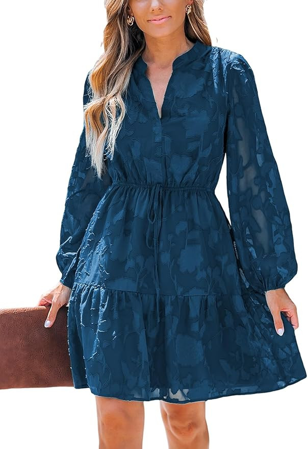 CUPSHE Women Ruffle Lace Mini Fall Dresses Semi Formal Wedding Guest Dress V Neck Long Puff Sleev... | Amazon (US)