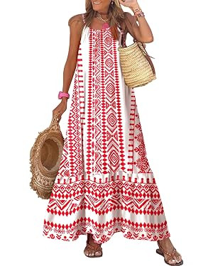 Dokotoo Women Summer Dresses 2026 Spaghetti Strap Scoop Neck Smocked Ruffle Flowy Boho Maxi Dress | Amazon (US)