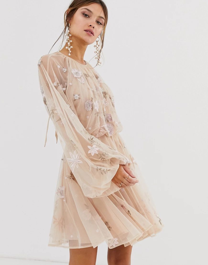 ASOS EDITION floral beaded mesh dress with balloon sleeve-Pink | ASOS (Global)