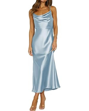 Summer Satin Spaghetti Strap Cowl Neck Backless Midi Dresses for Women Elegant Tie Low Back Ruche... | Amazon (US)