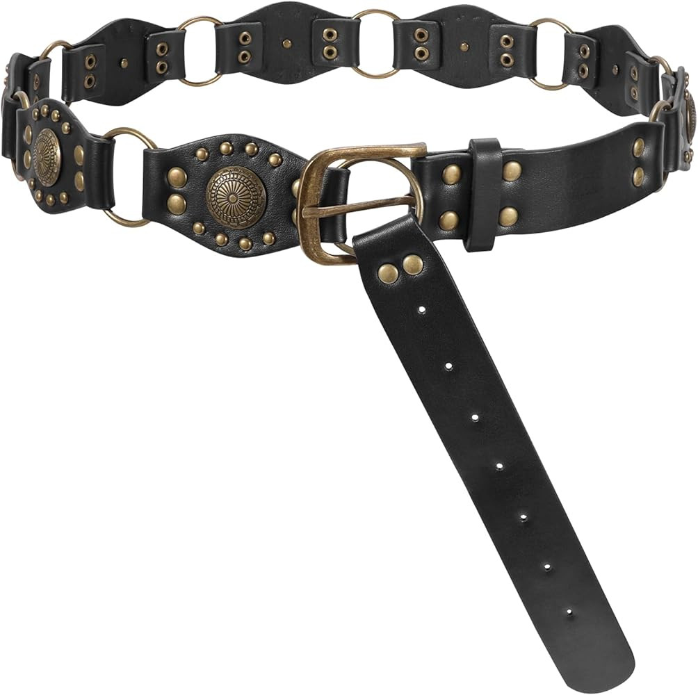 LEACOOLKEY Western Concho Rivet Belt for Women Vintage Leather Belt Western Waist Belt for Skirts... | Amazon (US)