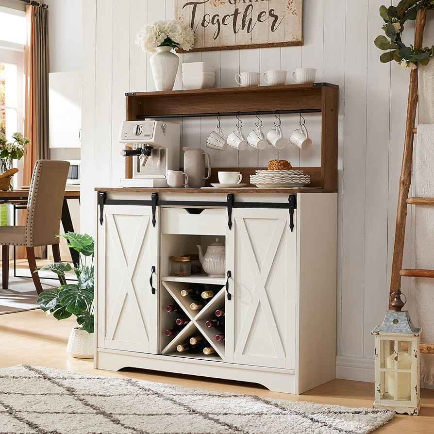 Wnutrees Farmhouse Coffee Bar Cabinet with Charging Station and USB Ports,Sliding Barn Door,43" K... | Amazon (US)