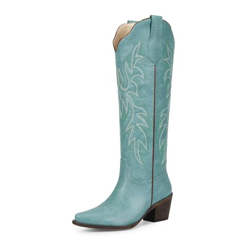 wetkiss Blue Cowboy Boots for Women Knee High Cowgirl Boots with Chunky Low Heel and Pointed Toe, Womens Retro Embroidered Western Boot for Concert Party Festival Event, Blue Tall Boot, Size 7 | Amazon (US)