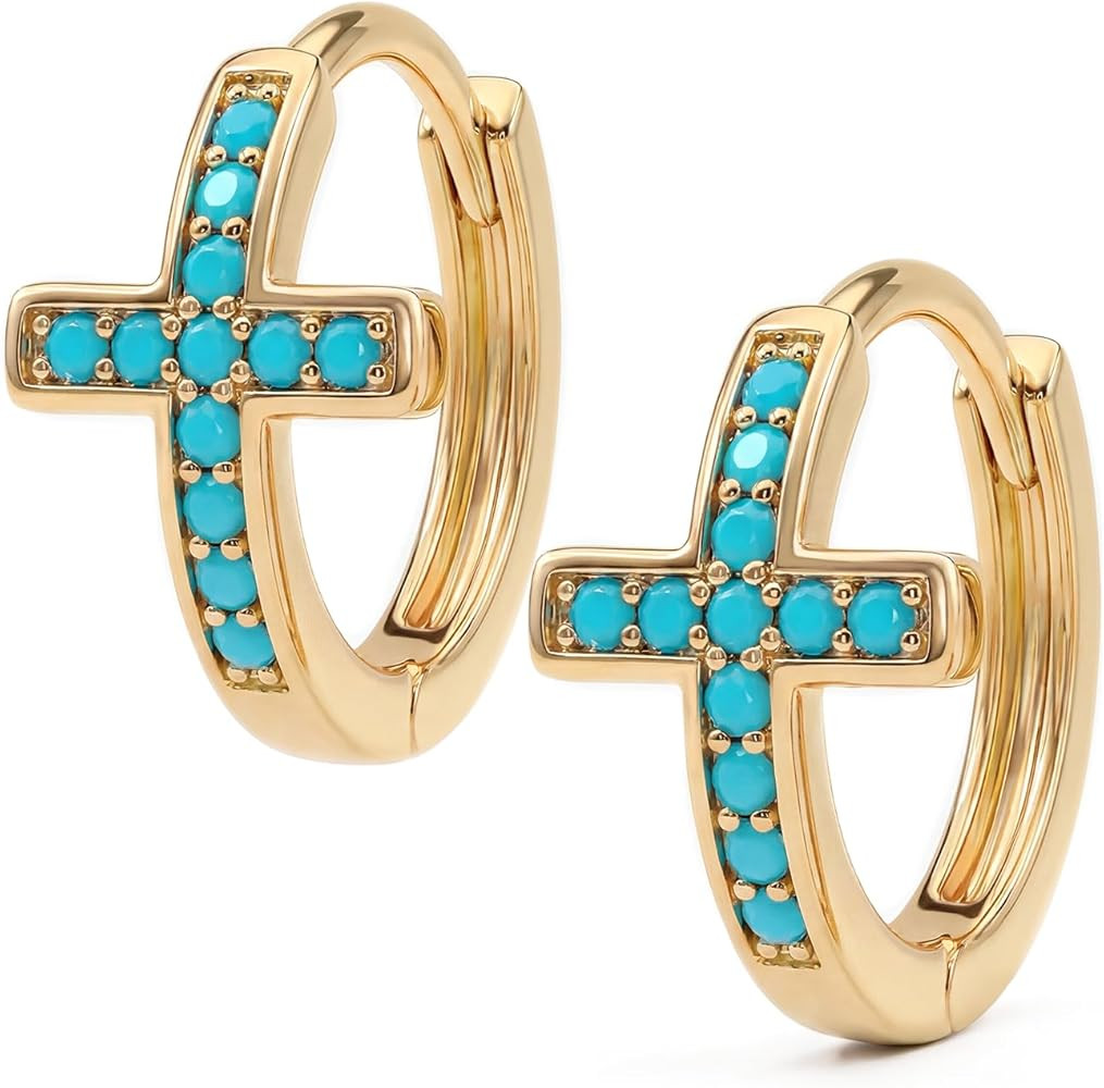 MYEARS Gold Cross Hoop Earrings for Women Trendy 14K Gold Plated Small Hoops Huggie Earrings Whit... | Amazon (US)