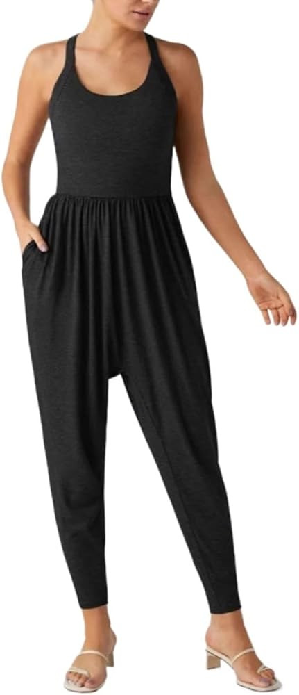 Jumpsuits for Women Backless Twisted U Neck Side Pocket Harem Casual Yoga Gym Workout Jumper One ... | Amazon (US)