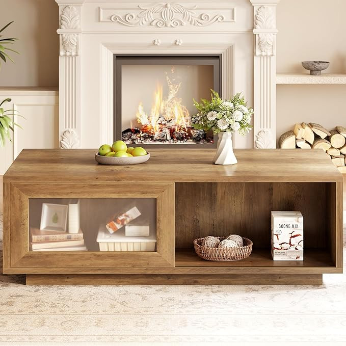 HSH Rustic Coffee Table with Storage, Low Coffee Table for Living Room, Long Rectangle Wood Coffe... | Amazon (US)