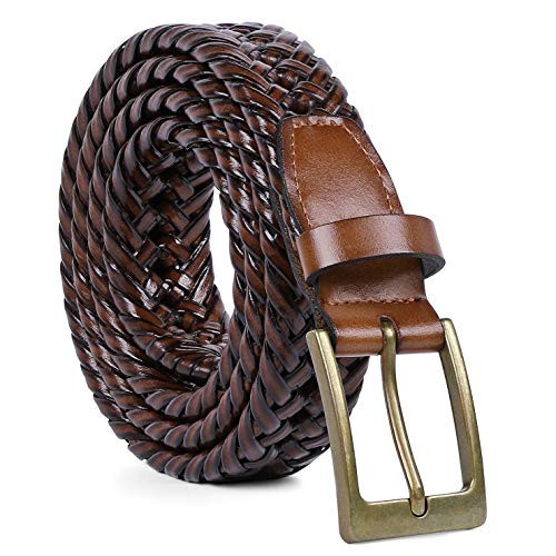 JASGOOD Men's Braided Leather Belt, Braided Woven Belt for Men Casual Jeans with Solid Strap Single Prong Buckle (B-Brown,Suit for Pant Size 38-42 inch) | Amazon (US)