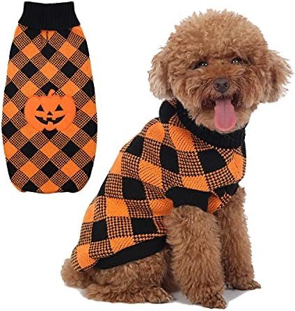 ZIFEIPET Dog Sweater Halloween Pumpkin Sweater Plaid Turtleneck with Leash Hole Pet Fall Winter P... | Amazon (US)