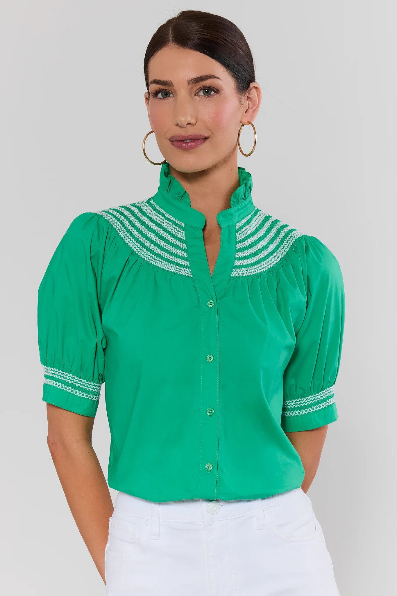 Yvonne Green and White Embroidered Top | Avara