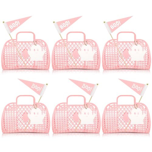 Gerrii 6 Pcs Pink Halloween Trick or Treat Bucket Cute Ghost Boo Jelly Goodie Candy Gift Basket Tote Bag Bulk with Handle for Halloween Party Decor Supplies | Amazon (US)