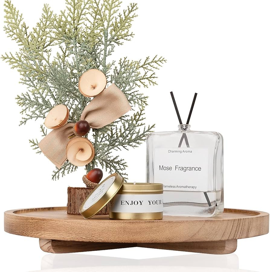 Round Decorative Tray Wood Bathroom Counter Organizer Farmhouse Kitchen Decor Wooden Riser for So... | Amazon (US)