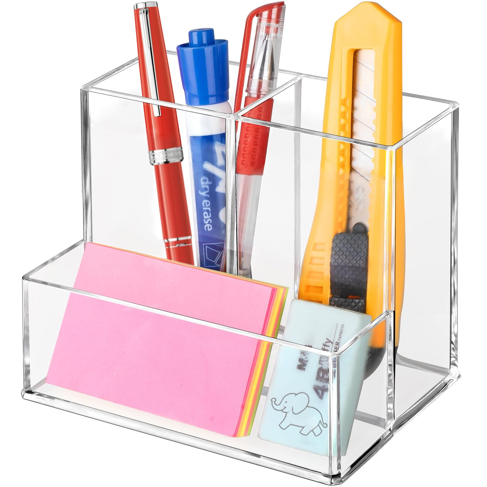 Pen Holder for Desk, Clear Acrylic Pencil Holder for Desk, Marker Holder with 3 Compartments, Pen... | Amazon (US)