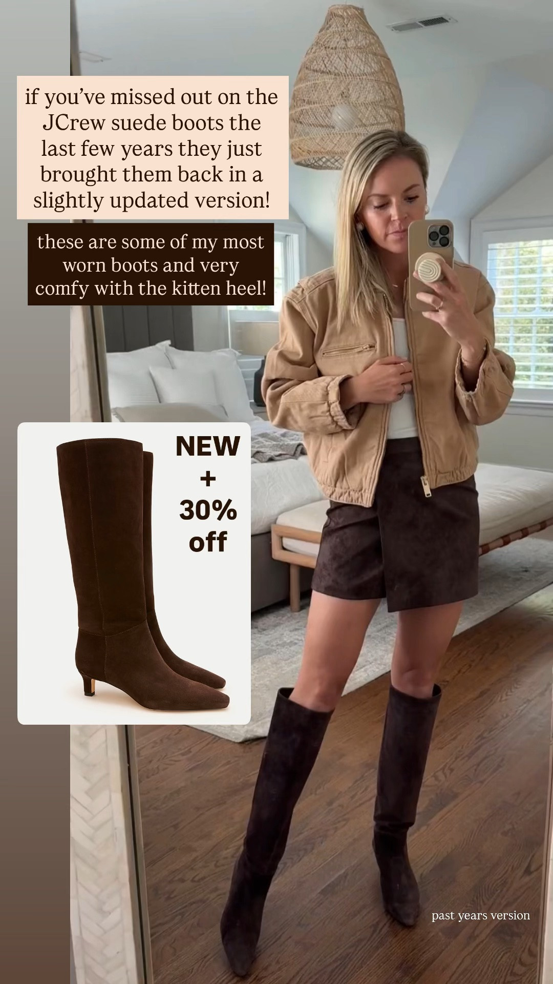 Jcrew brought back my favorites chocolate suede boots and they’re 30% off!! Slightly updated version, but same great style.
*jacket is old Abercrombie 
*skort is old WAYF