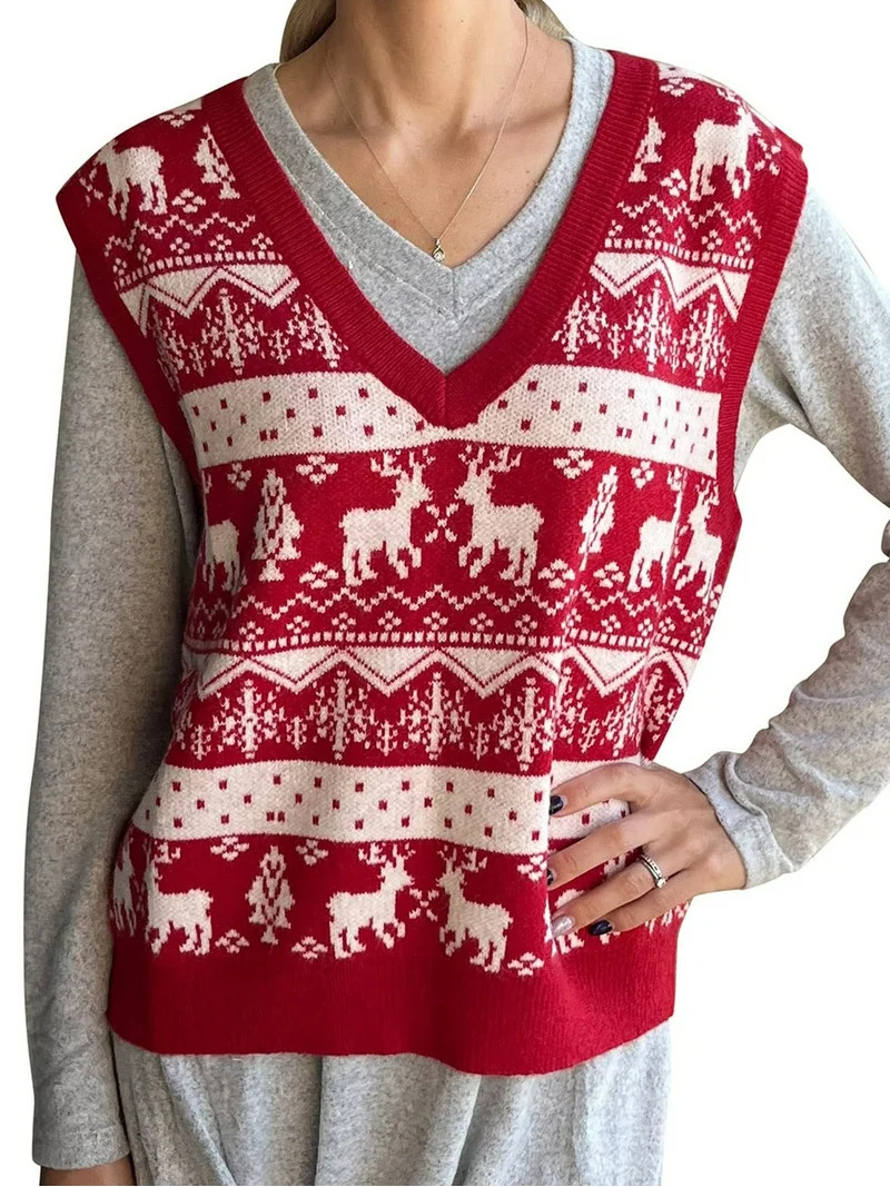 VILOVE Christmas Vests for Women Ugly Xmas Reindeer Knitted Sweaters Casual Santa Snowflake V Nec... | Walmart (US)
