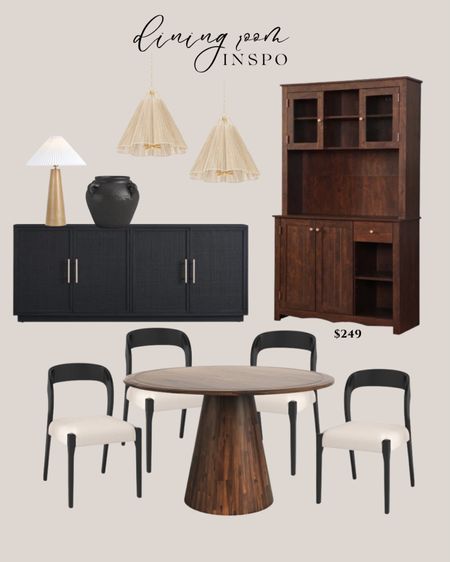 Wayfair dining room inspo:
 Dark wood dining table. Black white dining chairs. Black sideboard. Natural wood table lamp. Black ceramic vase. Fiber white pendants. Dark wood cabinet tall.

#LTKhome #LTKsalealert