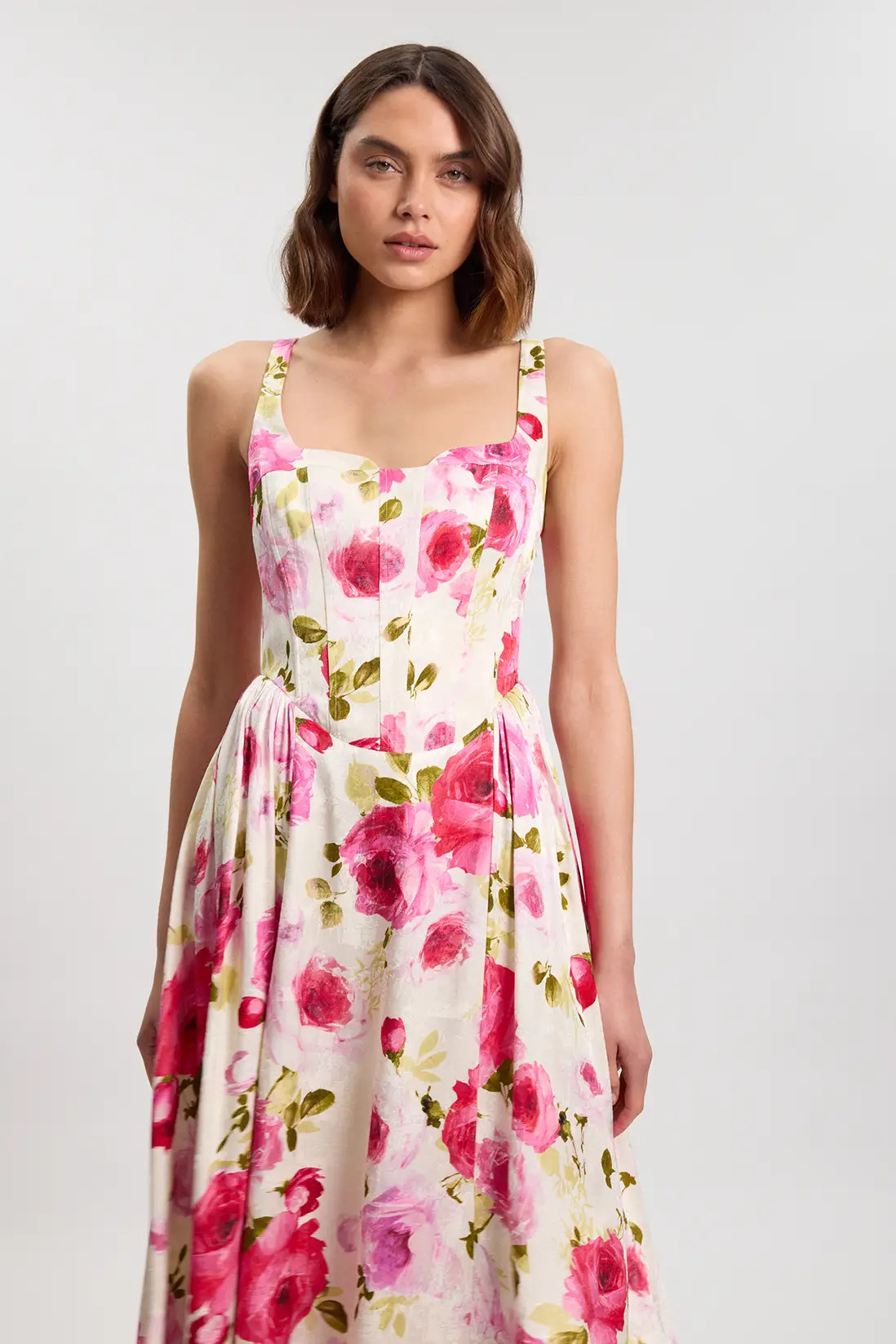 Scattered Floral Cotton Poplin Boned Detail Woven Maxi Prom Dress | Karen Millen